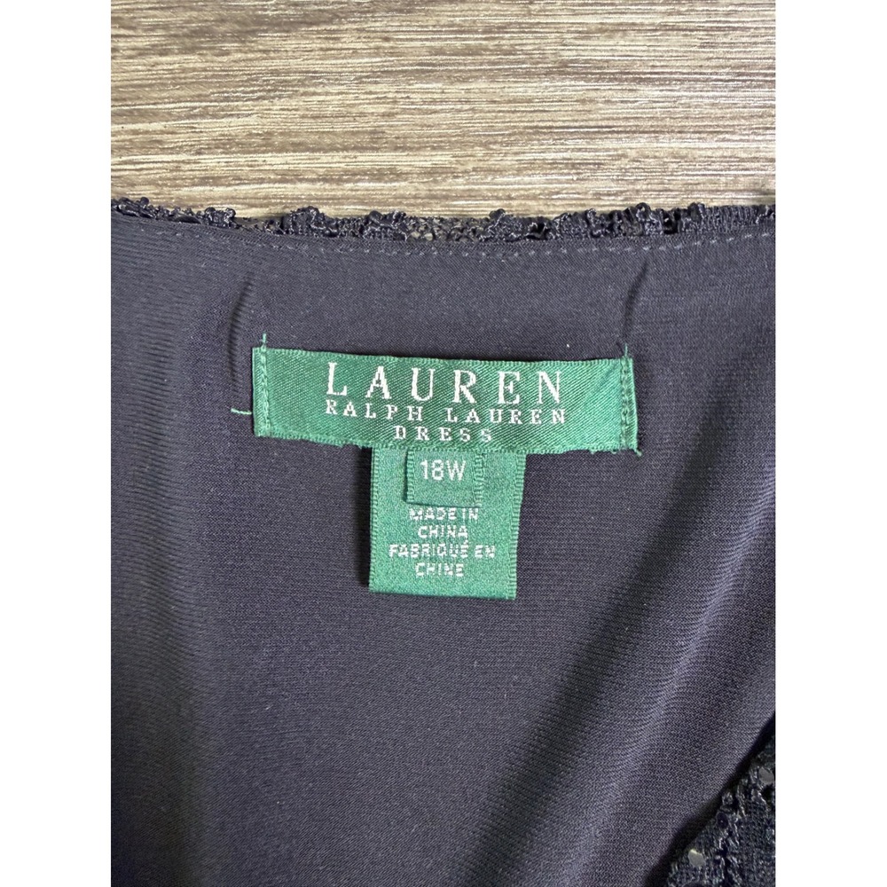 Lauren Ralph Lauren Black Sequin Lace Ruched V-Neck Cocktail Dress 18W - Picture 2 of 9